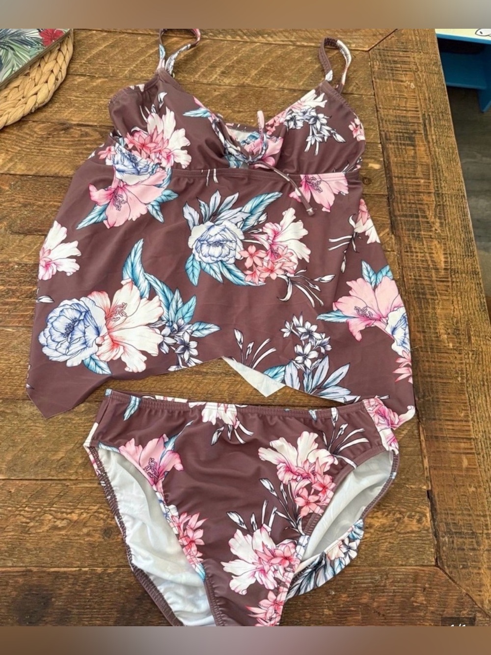 Women’s Floral Tankini Swimsuit - Pink Floral on Brown (Size 12)